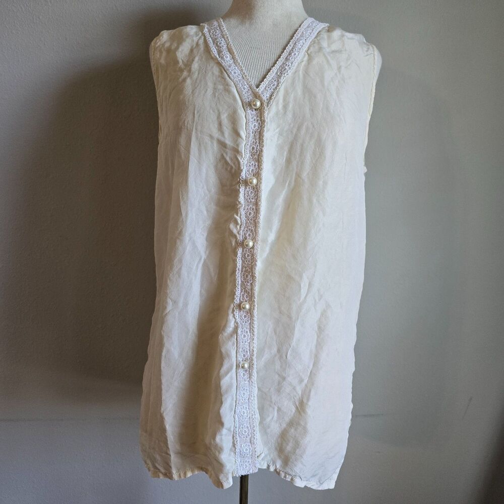 Bogari Vintage 100% Silk Cream Blouse – Crochet Lace Trim Pearl Buttons, size M